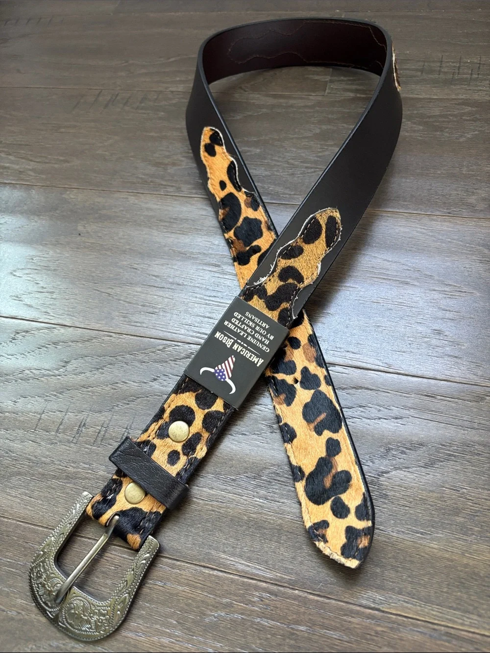 American Bison Genuine Leather,hair hide/leopard print,bronze/brass,Western
